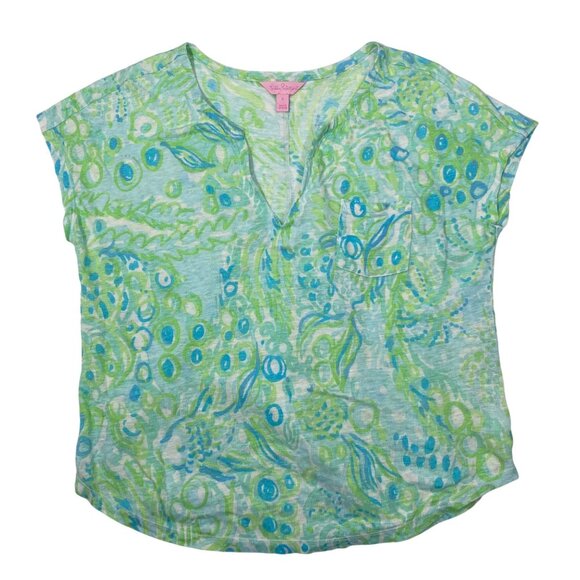 Lilly Pulitzer Womens S Top Green/Blue Pattern 100% Linen cap Sleeve Casual Shir - Picture 1 of 7
